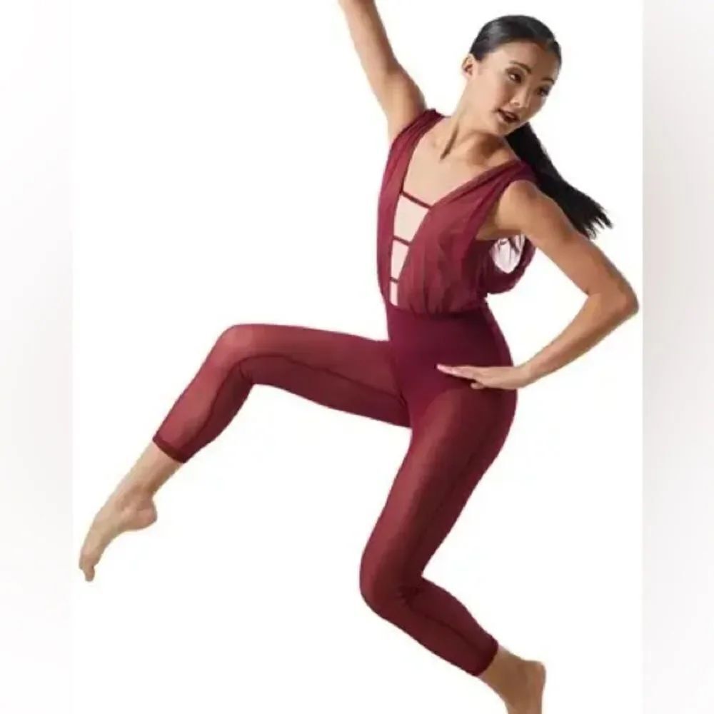 WEISSMAN Dance Costume Burgundy red jumpsuit Mesh Cropped Unitard SM11090 XLA